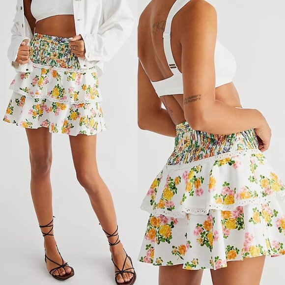 RARE NWT FOR LOVE AND LEMONS ROSALYN TIERRED MINI SKIRT IN MARIGOLD PRT SIZE XL - Picture 1 of 9